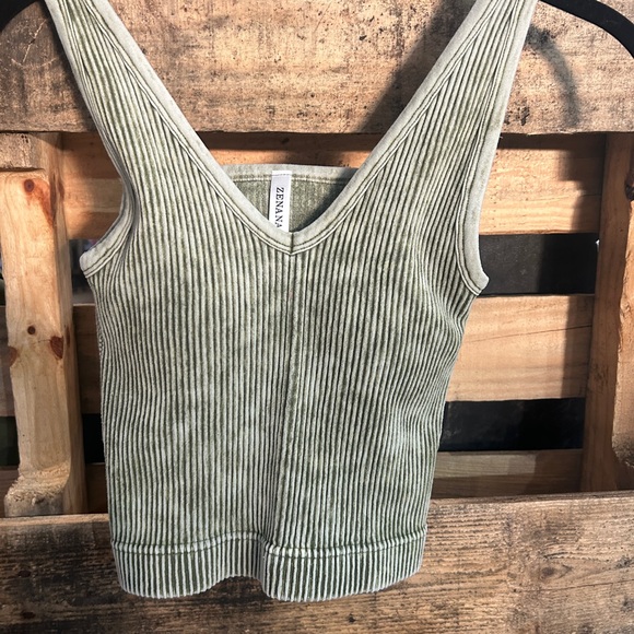 Zenana Outfitters Other - Ash Olive Striped cropped tank to with bra NEW